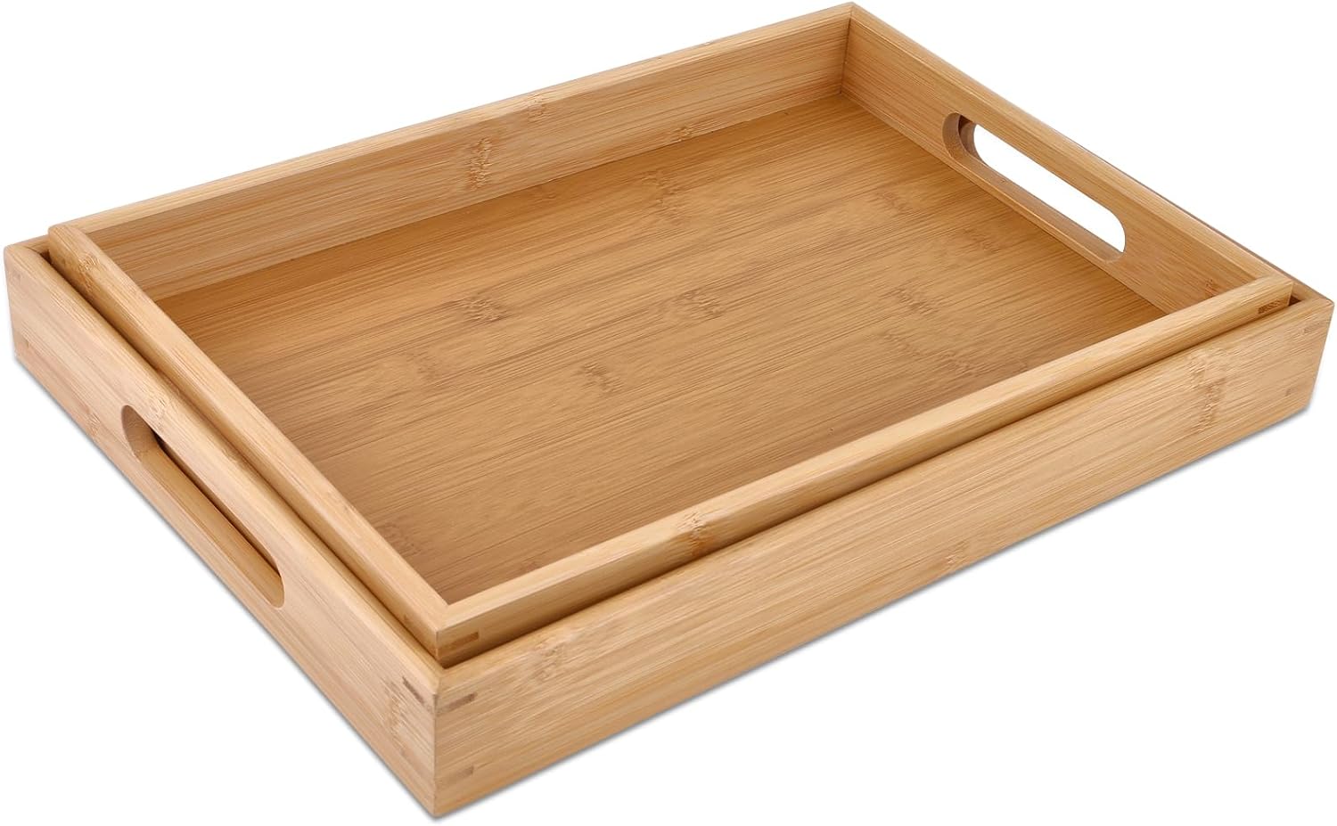 Bamboo Serving Tray Set - 2 Sizes|16.5" & 15.5" Rectangular Trays with Handles|Eco-Friendly Wood Tray for Food, Drinks, Decor