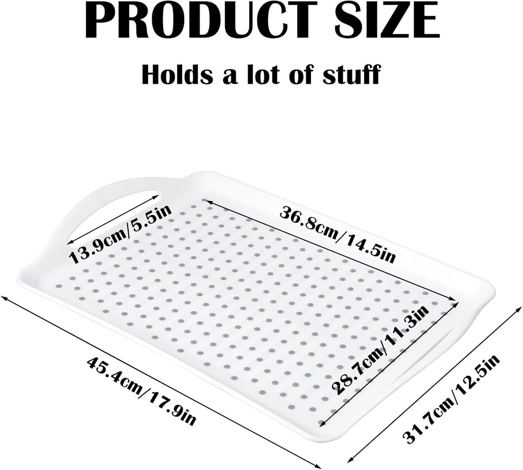 2 Pack Rectangular Large Non-slip Serving Trays with Handles, Silicone Grip Bump Food Trays, Lap Trays for Dinner Snacks Fruits Desserts Breakfast Drinks (White)