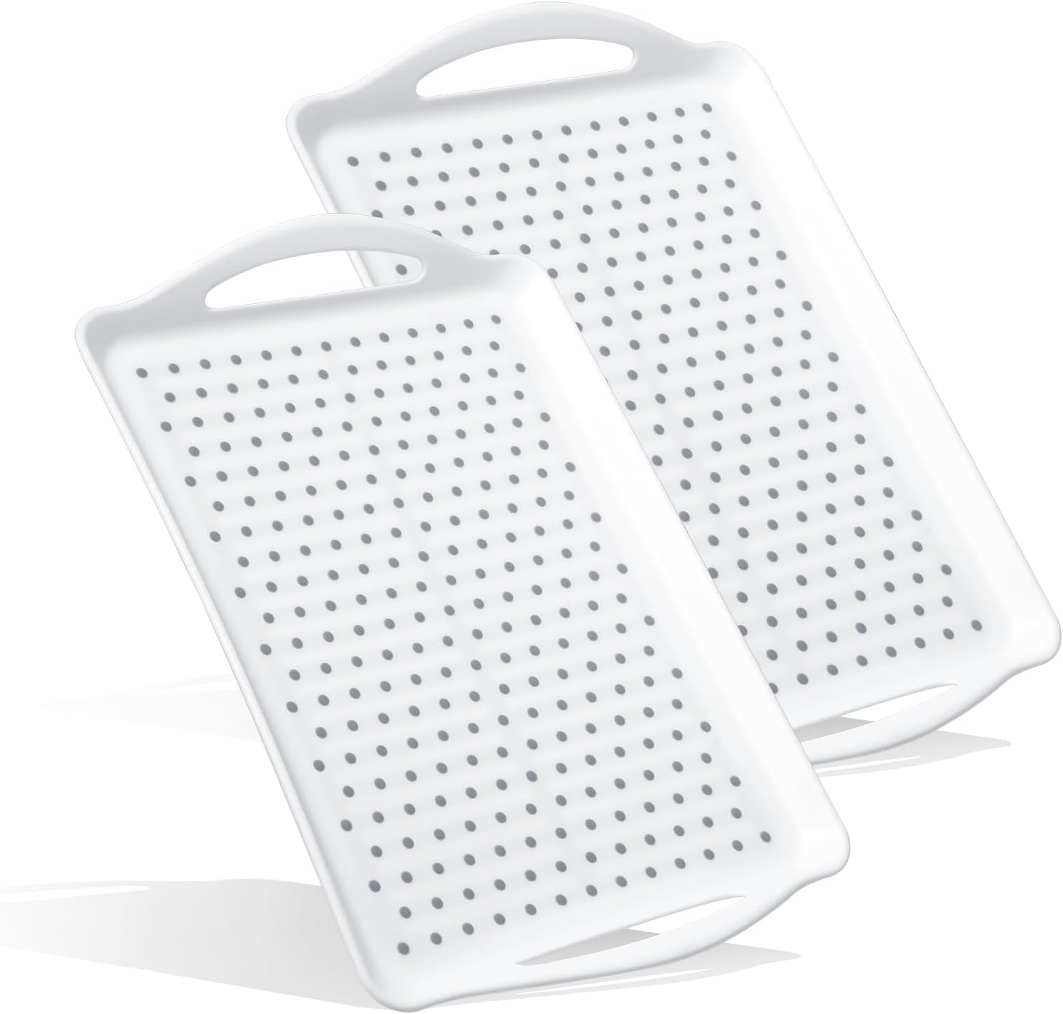 2 Pack Rectangular Large Non-slip Serving Trays with Handles, Silicone Grip Bump Food Trays, Lap Trays for Dinner Snacks Fruits Desserts Breakfast Drinks (White)