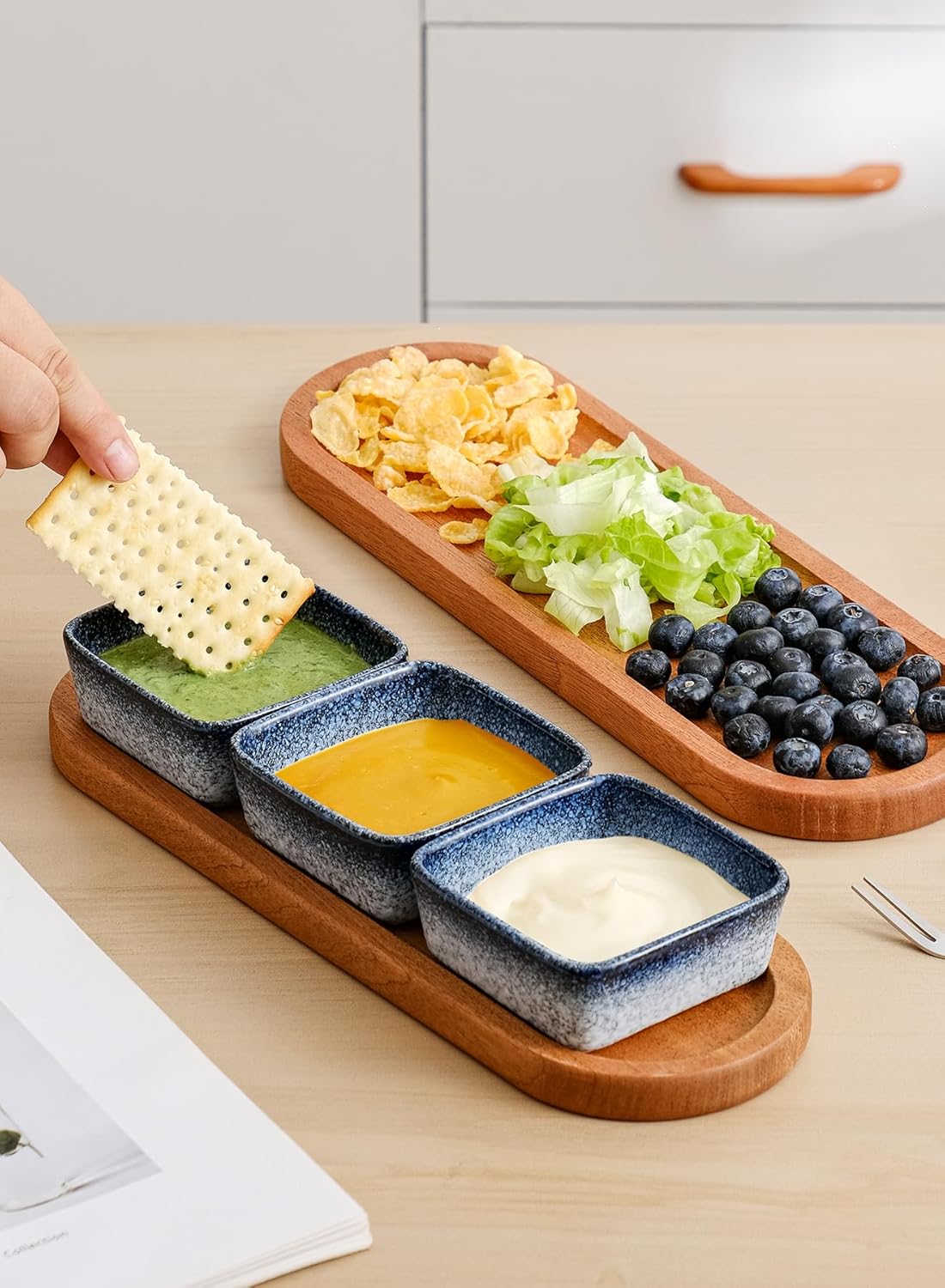 Japanese Ceramic Dipping Bowl with Wooden Tray Set｜3.5" Sauce Dish + 12.5" Long Serving Platter｜Stylish Minimalist Tableware