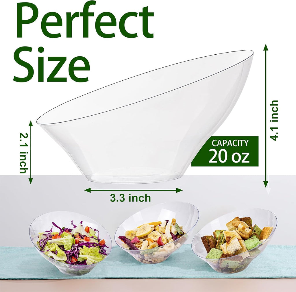 20oz Clear Angled Salad Bowl｜Sleek Slanted Rim Design｜Ideal for Salad, Dessert, Fruit, Appetizers