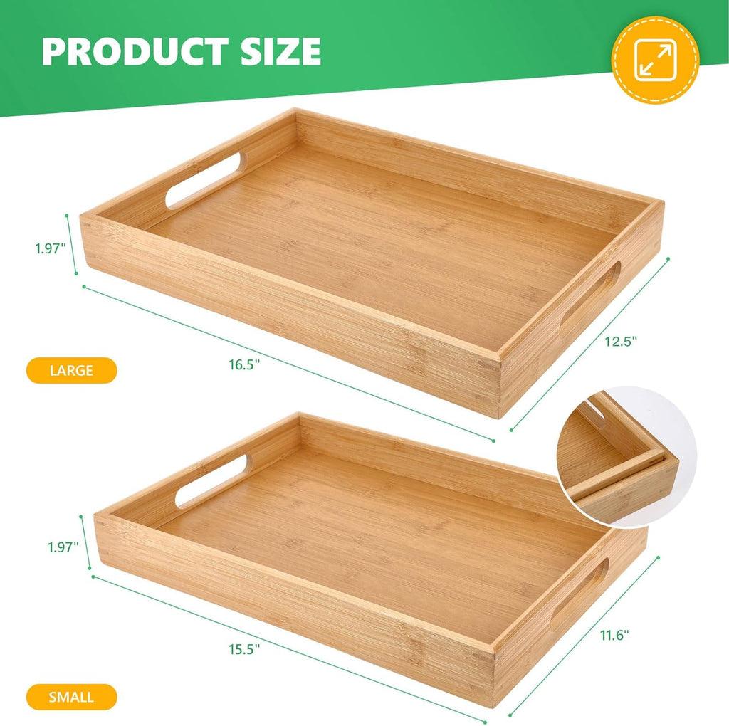 Bamboo Serving Tray Set - 2 Sizes｜16.5" & 15.5" Rectangular Trays with Handles｜Eco-Friendly Wood Tray for Food, Drinks, Decor