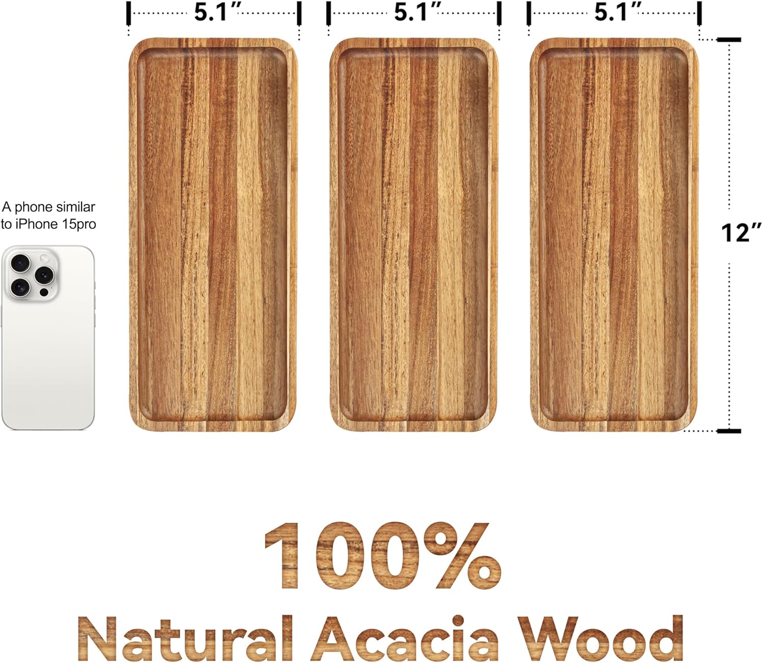 Set of 3 Natural Acacia Wood Serving Trays | 12" x 5.1" Rectangular Platters for Snacks, Fruits, Breakfast, or Jewelry Display