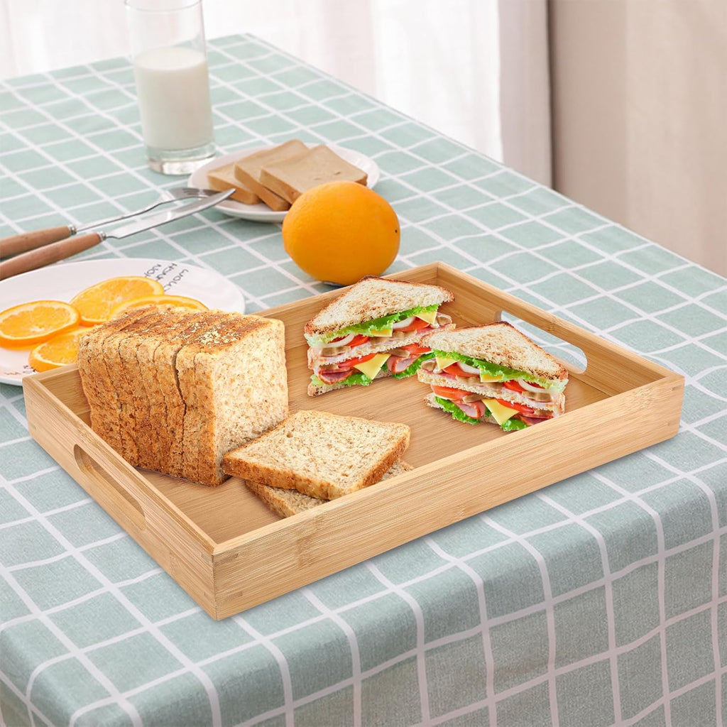 Bamboo Serving Tray Set - 2 Sizes｜16.5" & 15.5" Rectangular Trays with Handles｜Eco-Friendly Wood Tray for Food, Drinks, Decor