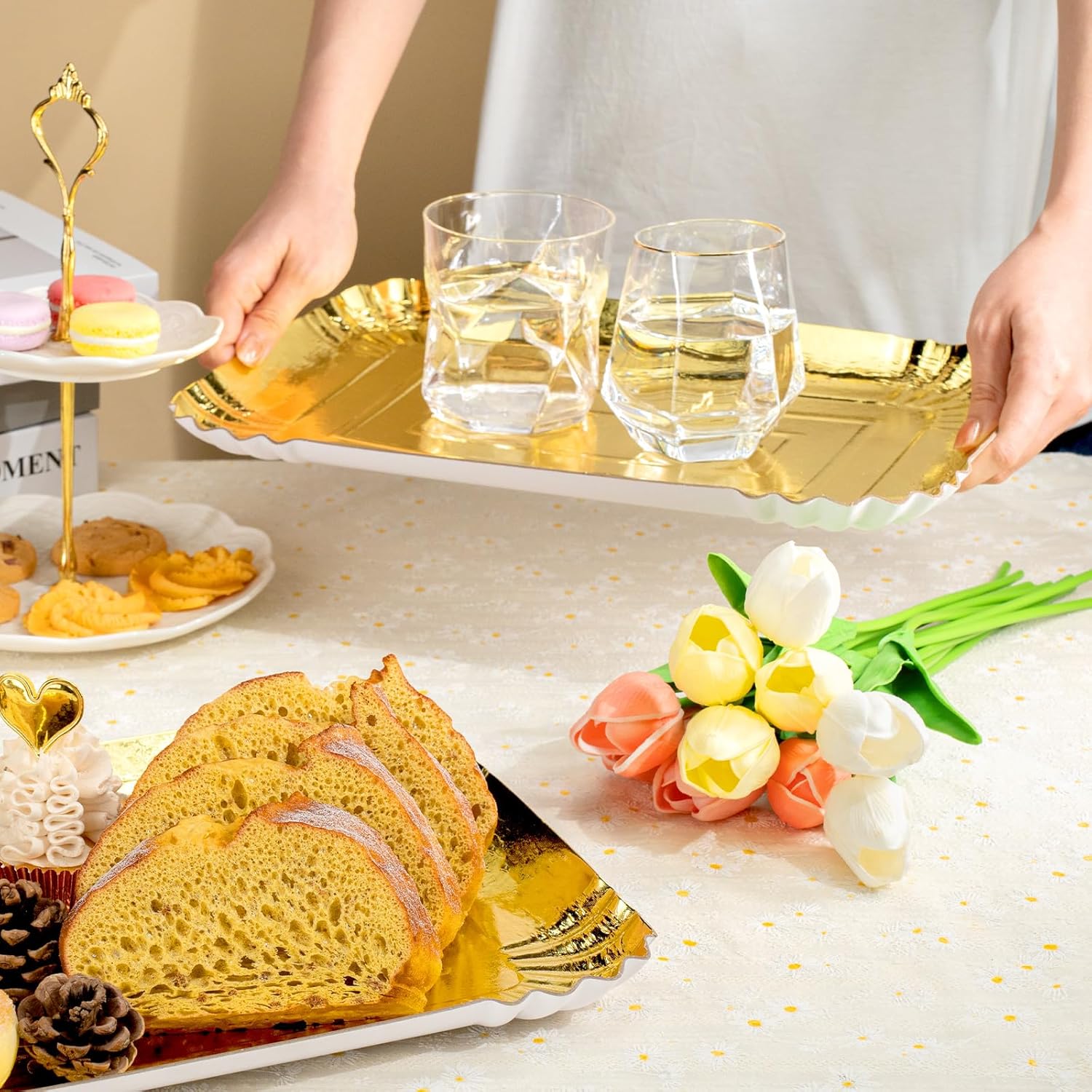 10-Pack Gold Rectangle Party Trays｜14" x 10" Large Disposable Serving Platters with Foil Embossed Design